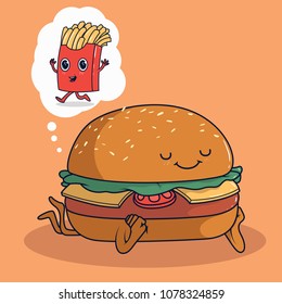 Burger character dreaming of french fries vector illustration. Fast food, snack, restaurant design concept 