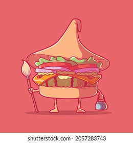 Burger character dressed as a Witch vector illustration. Food, funny, spooky design concept.