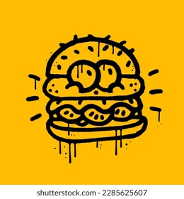 Burger Charakter mit lustigem Gesicht im urbanen Graffiti-Stil, Street Art Element für T-Shirt, Aufkleber oder Bekleidungsartikel. Texturierte, handgezeichnete Vektorgrafik im modernen Retro-Stil der 90er Jahre.