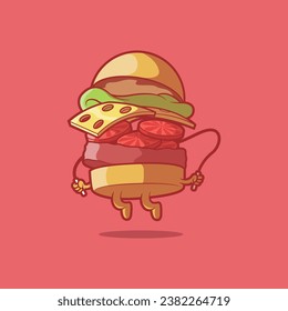 Burger Character jumping rope vector illustration. Sport, food, mascot design concept.