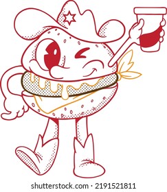 Burger Character In Retro Cartoon Style