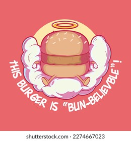 Burger character is seated on a cloud with a halo on top vector illustration. Food, funny design concept.