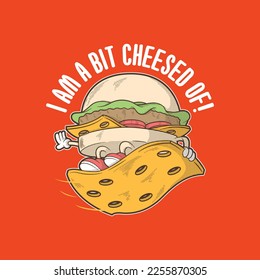 Burger character surfing a piece of cheese vector illustration. Funny, fast-food, sports design concept.