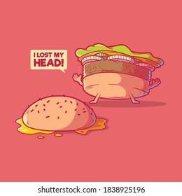 Burger character vector illustration. Fast food, funny, lost mind design concept