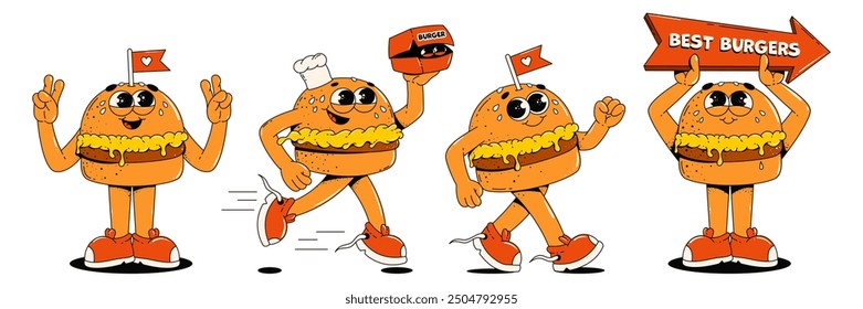 Burger characters in retro groovy style. Mascot for bars, restaurants, fast food cafes. Funny comic retro character design.