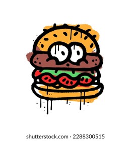 Burger charactrer in urban graffiti style. Junk food colorful mascot with round eyes in street art aesthetic. y2k Textured hand drawn illustration.