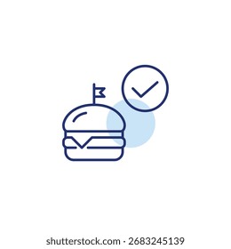 Hamburguesa y cheque. Comida verificada, entrega segura, orden aprobada. Icono de Vector de trazo perfecto y editable