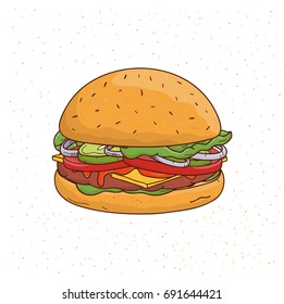 Burger with cheese, cucumber, cutlet, lettuce, onion, sauce, tomato, beef and salad. Colorful hand drawn vector illustration on white background.