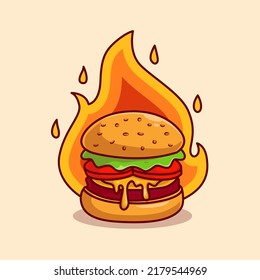 Burger Cheese With Fire Cartoon Vector Icon Illustration. Food Object Icon Concept Isolated Premium Vector. Flat Cartoon  Style