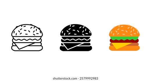 Burger with cheese icon. Classic fast food sign. Tasty grilled sandwich symbol. Juicy beef patty with sesame bun pictogram. Delicious cheeseburger with lettuce illustration.