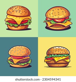 Burger Cheese Icon Set Vector Cartoon Flat Illustration