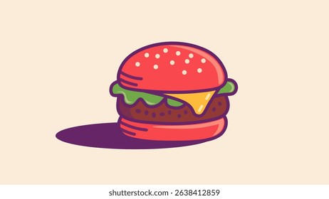 Burger with cheese, lettuce, and sesame bun in bold cartoon style. Flat pop-art design perfect for food banners, restaurant menus, fast food ads, and fun snack visuals.