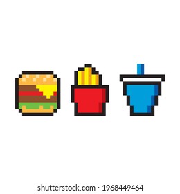 burger with cheese lettuce tomato french fries with box soda cup trio combo fast food pixel art 8 bits retro classic vintage design for web pages, apps, menus, social media, animation and advertising