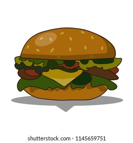 Burger with cheese, meat, salad isolated on white background.Tasty hamburger. Fast food. flat vector illustration. 