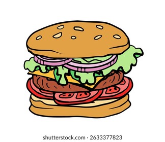 burger with cheese, onion, cutlet, tomatoes, lettuce, hamburger hand drawn vector color illustration sketch retro style. linear trendy style