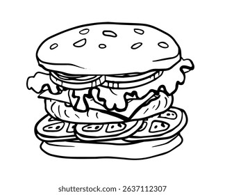 burger with cheese, onion, cutlet, tomatoes, lettuce, hamburger hand drawn vector illustration sketch retro style. linear trendy illustration