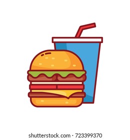 Burger with cheese slice and soft drink vector Illustration