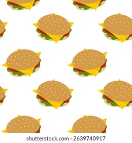 Burger with Cheese Slice Tomato and Greens leaves Seamless Pattern Fast food Background Wallpaper