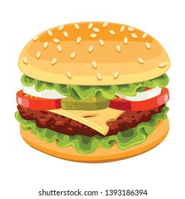 Burger With Cheese, Street Fast Food Cafe Menu Item Colorful Vector Icon