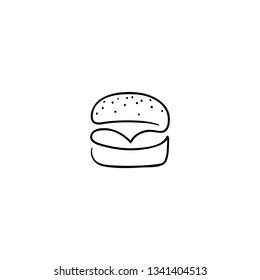 Burger, Cheeseburger, Hamburger. Black logo one line. Stock hand drawn vector Illustration black isolated on white background