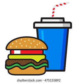 Burger, cheeseburger and paper cup with a drink. Fast food. Set. Icon. Flat style.