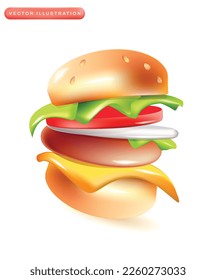 Burger cheeseburger. Realistic 3d design element In plastic cartoon style. Icon isolated on white background. Vector illustration