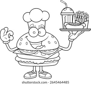 Burger Chef Cartoon Character Holding Fast Food Tray with Hot Dog, Fries and Soda – Black and White Vector Hand Drawn Illustration Isolated On Transparent Background
