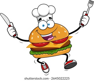 Burger Chef Cartoon Character Jumping with Knife and Fork – Vector Hand Drawn Illustration Isolated On Transparent Background