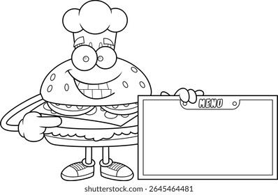 Burger Chef Cartoon Character Pointing At Blank Menu Board – Black and White Vector Hand Drawn Illustration Isolated On Transparent Background