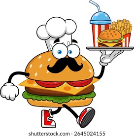 Burger Chef Cartoon Character Walking and Holding Fast Food Meal Tray – Vector Hand Drawn Illustration Isolated On Transparent Background