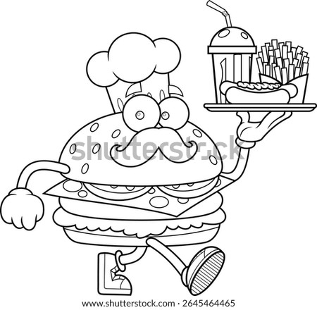 Burger Chef Cartoon Character Walking and Holding Fast Food Meal Tray – Black and White Vector Hand Drawn Illustration Isolated On Transparent Background