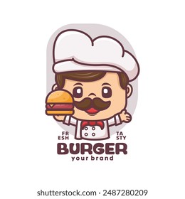 burger chef cartoon mascot design. for culinary businesses, brand logos, stickers, cartoon identities, stickers, icons, etc.