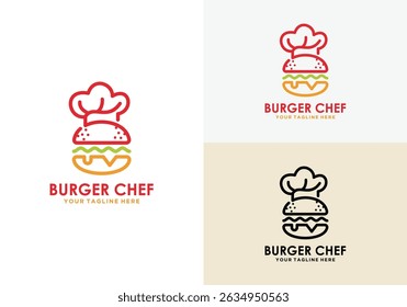 Burger chef logo. chef hat logo with burger combination with simple design line style	