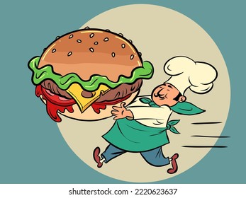 burger and chef man, restaurant fast food street cooking