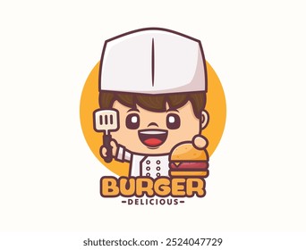 Burger Chef Maskottchen Logo Schablone Design, Vektorgrafik in Umriss Stil.