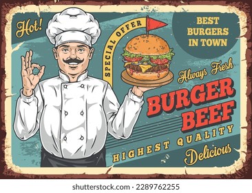 Burger chef vintage flyer colorful with man holding hamburger with beef cutlets for advertising fast food kitchen vector illustration