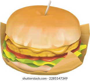 Burger with chicken, craft burger, cheese, vegetables and tomato, oil paint, digital paint, on white background. Street food, take-away, take-out. Fast food hand drawn digital illustration.