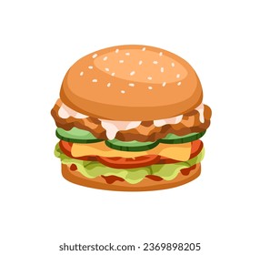 Burger with chicken cutlet, vegetables and cheese filling. American fast food. Sandwich with meat, bacon, cheddar, lettuce. Snack between buns. Flat vector illustration isolated on white background svg