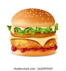 Burger chicken illustration. Realistic style on a white background. Bun salad tomato cheese cutlet sauce. Vector isolated object