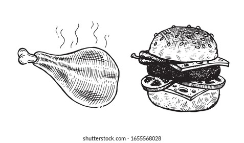 Burger and chicken leg, set of vector images. Vector graphics for labels, menus, packaging design, advertising, interior designs and food service signage