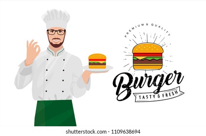 Burger, the chief cook offers to taste delicious gambourer, vector illustration of a chef's man with a sandwich, painted poster with a logo