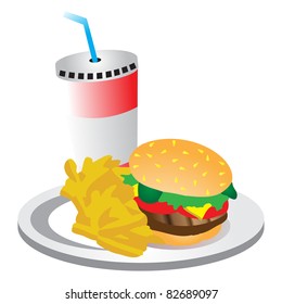 Burger, chips and a drink on a plate