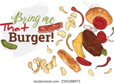 Burger and chips, vector hand drawn, with ingredients drawn separately. Bun, tomato, onion, cucumber, basil, cheese, beef. Food assets easy to edit. Outline and fill separate. Perfect for menu design.