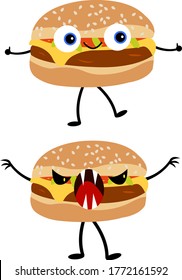 burger with chop cheese and lettuce cheerful cartoon character cute smiling and holding thumbs up like approval gesture near burger Monster with sharp fangs and evil eyes object on white background fo