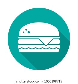 Burger circle icon with long shadow. Flat design style. Hamburger simple silhouette. Modern, minimalist, round icon in stylish colors. Web site page and mobile app design vector element.