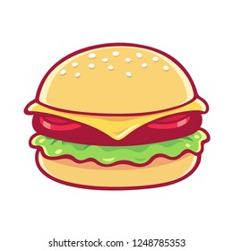 Burger clip art illustration, isolated vector drawing of cheeseburger in retro cartoon comic style.