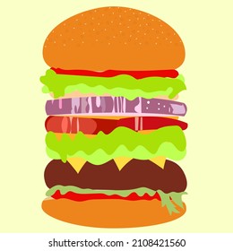 Burger. Burger clipart. Jumbo Burger with vegetables, cheese, patty and sauces. Hamburger with patty, tomatoes, lettuce, onion and patty clipart. Burger illustration