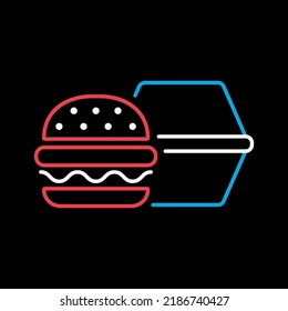 Burger with closed cardboard box vector isolated on black background icon. Delivery sign. Graph symbol for cooking web site and apps design, logo, app, UI