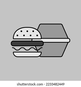 Burger with closed cardboard box vector grayscale icon. Delivery sign. Graph symbol for cooking web site and apps design, logo, app, UI