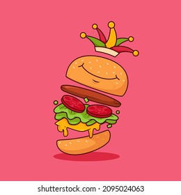 Burger clown cute vector illustration, cute carnival burger